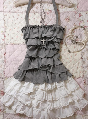 日系轻亚复古vintage古早辣妹y2k灰色抹胸绑带挂脖蛋糕吊带上衣