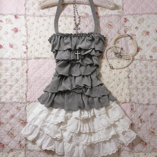 日系轻亚复古vintage古早辣妹y2k灰色抹胸绑带挂脖蛋糕吊带上衣