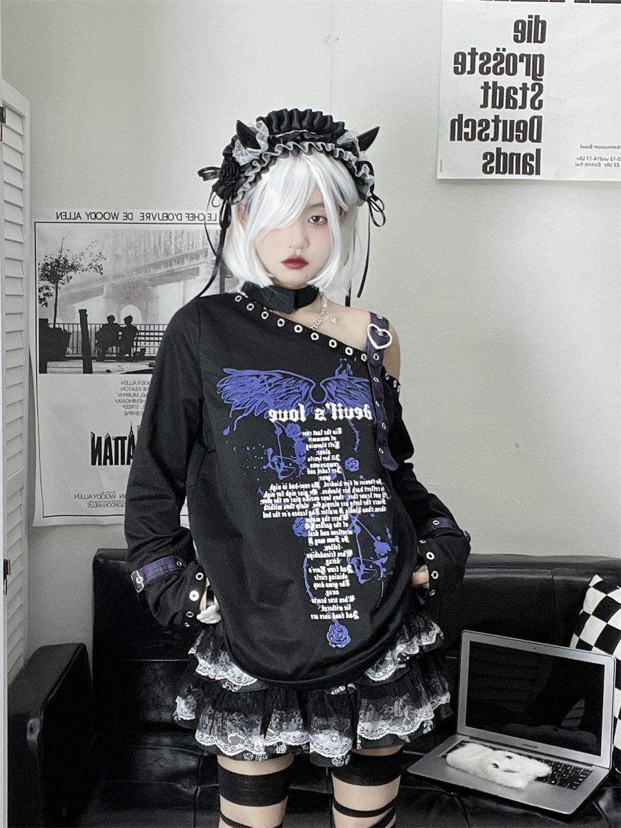 宽松亚文化露肩长袖辣妹T恤朋克