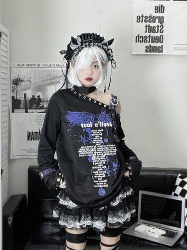 宽松亚文化露肩长袖辣妹T恤朋克