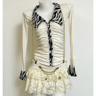 长袖 褶皱拉链开衫 上衣复古vintage显瘦 纯棉涩谷辣妹斑马Polo 美式