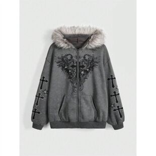 加绒美式秋冬暗黑风十字架翅膀连帽外套大毛领复古做旧拉链卫衣款
