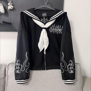原宿甜酷犬蹴学园水手服外套黑白海军领火焰印花宽松短款开衫卫衣
