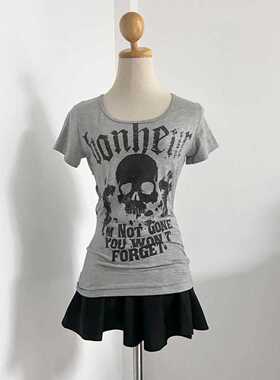 vintage涩谷辣妹骷髅字母印花古着美式夏亚文化朋克修身T恤上衣潮