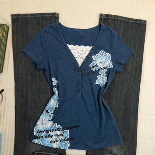 美式复古蓝色花朵印花短袖T恤vintage古着蕾丝拼接V领修身上衣夏