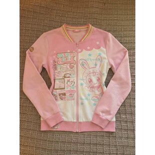 原宿风可爱小兔卡通棒球衫女粉色拼色短款夹克软妹少女感春秋外套