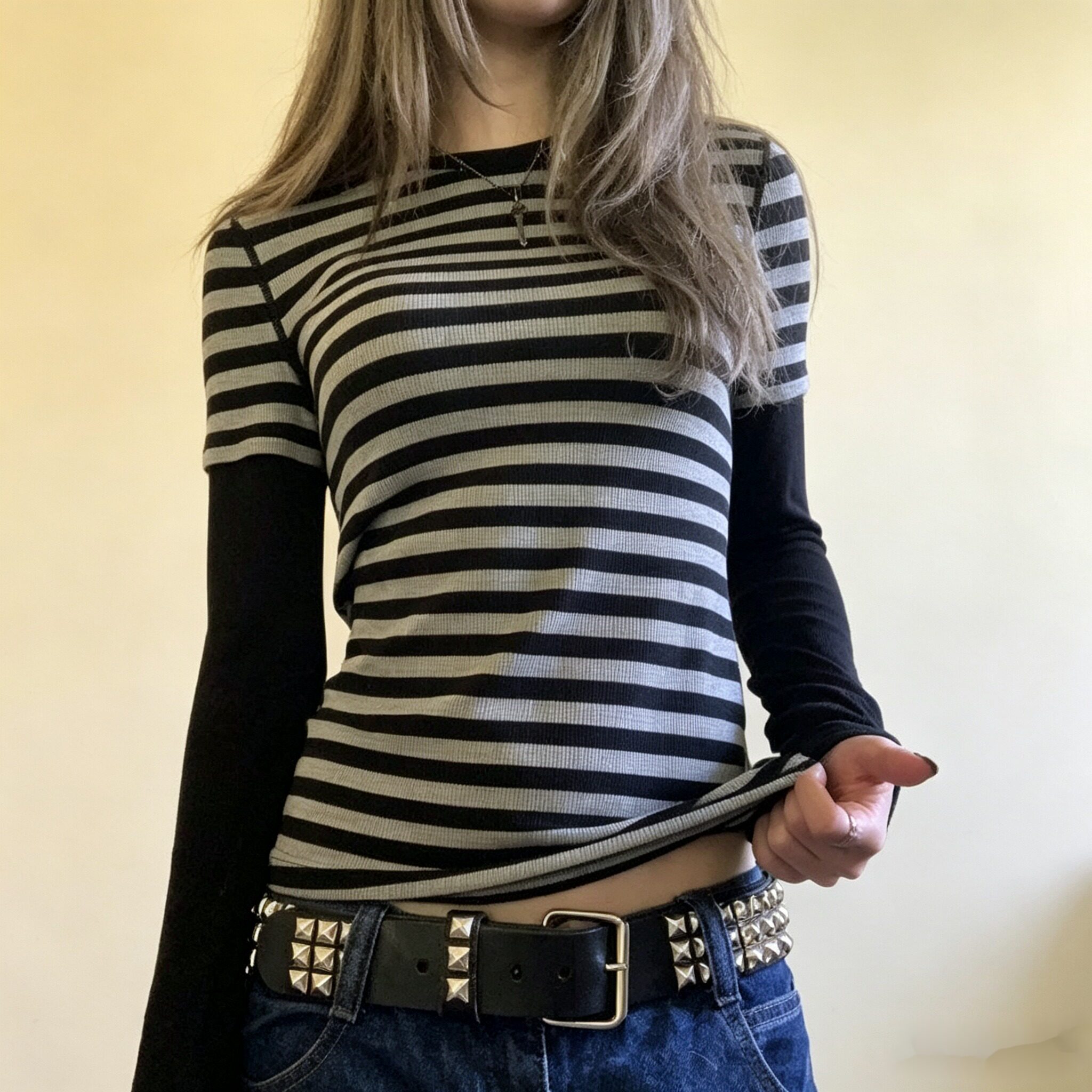 美式复古亚撞色条纹上衣女假两件叠穿感紧身收腰长袖T恤小众早秋