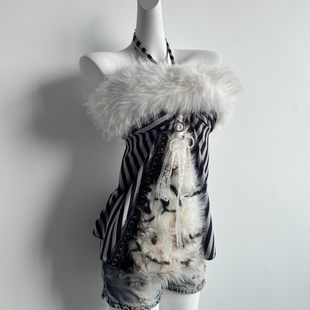 美式 辣妹自制复古y2k亚文化毛毛抹胸蕾丝斑马纹拼接挂脖吊带上衣