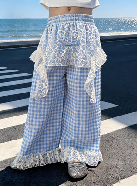 女童夏装假两件蕾丝阔腿裤