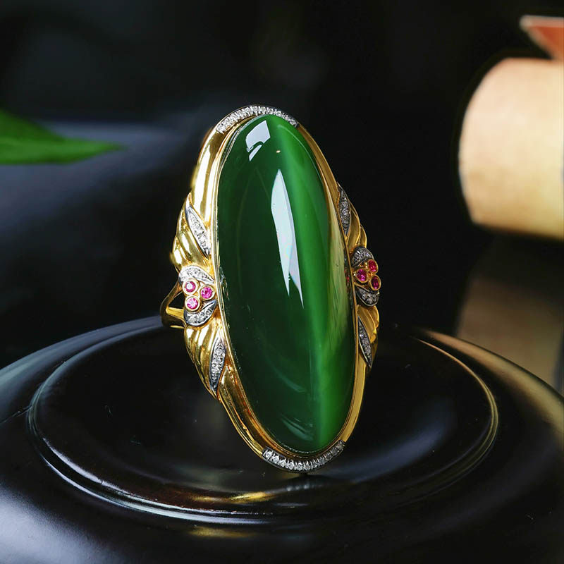 双十二天然新疆和田玉戒指a灵活猫眼碧玉长蛋面镶18k金指环送妈妈