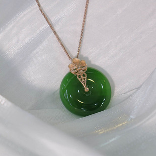 38焕新季天然和田玉吊坠女菠菜绿碧玉平安扣镶18k金挂件a货送妈妈