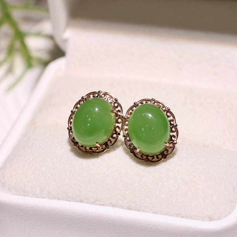 七夕情人节礼物天然和田碧玉阳绿18k金镶玉耳钉百搭老坑a货耳环女