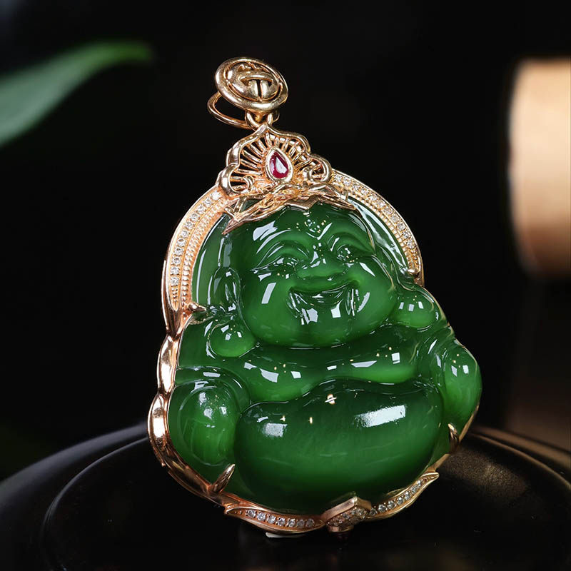 双十二和田玉弥勒佛吊坠女a帝王绿玻璃底猫眼碧玉佛公镶18k金挂件