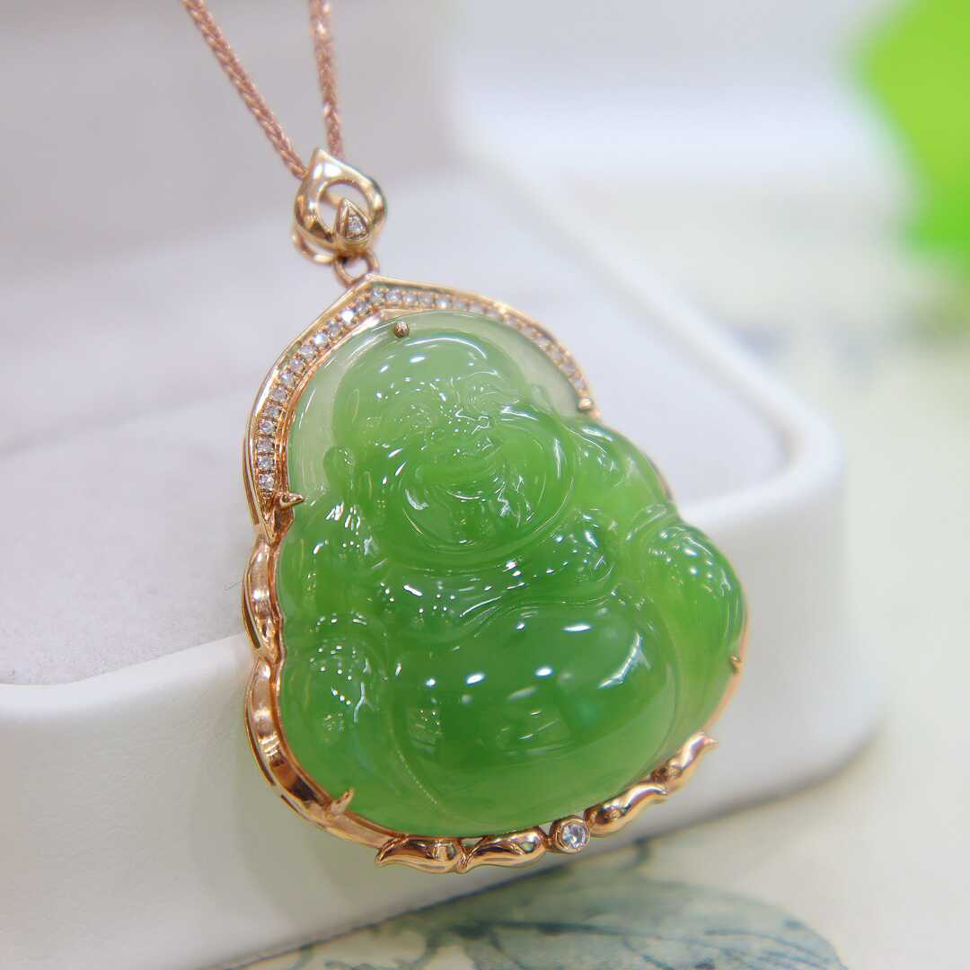 中秋节礼物天然弥勒佛吊坠a满绿碧玉弥勒佛大肚绿佛镶嵌18k金项链