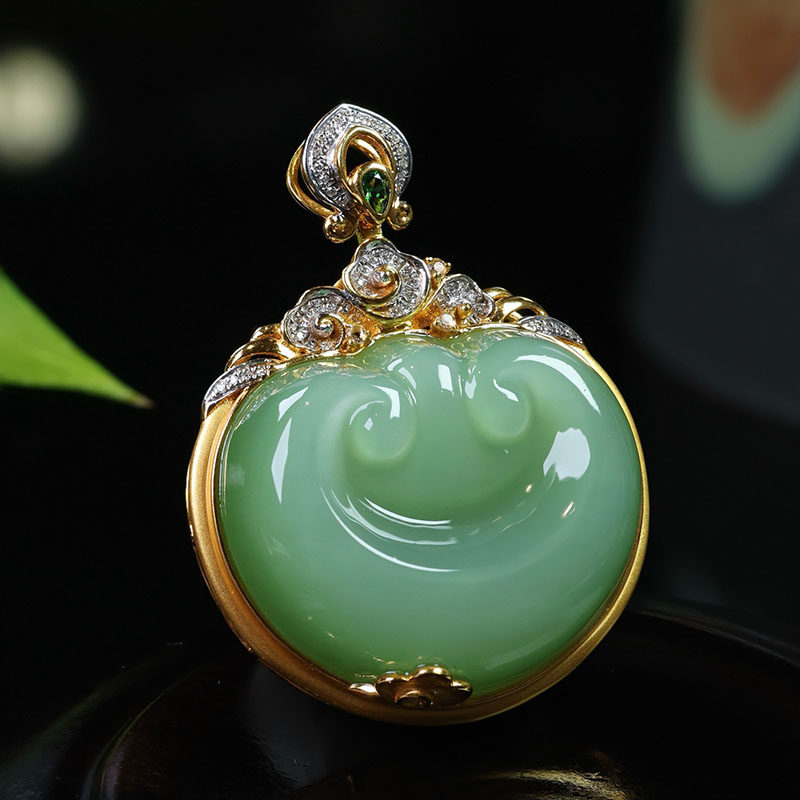 五一劳动节天然和田玉吊坠女猫眼碧玉如意镶嵌18k金挂件a货送妈妈