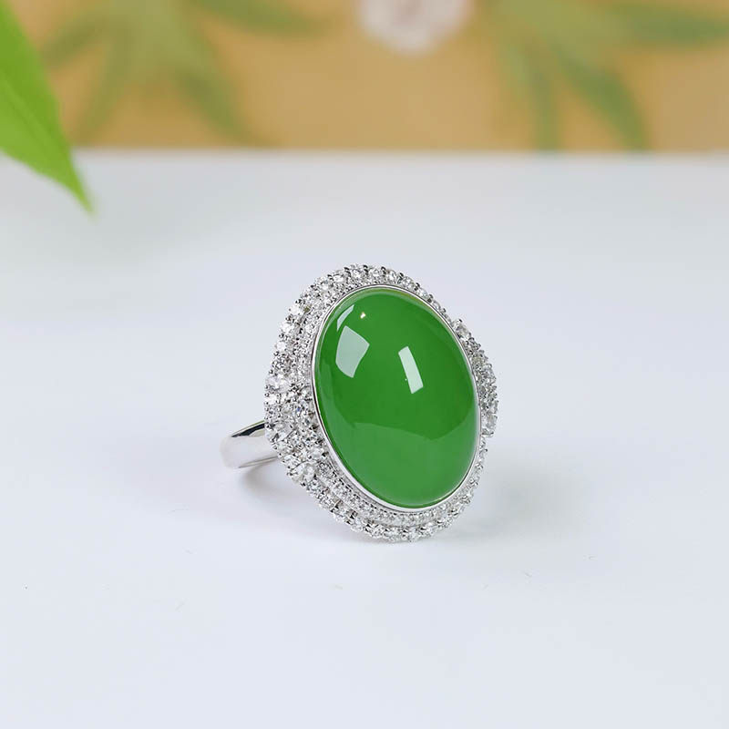 双十一天然和田玉戒指女a货满钻苹果绿碧玉蛋面镶18k金指环送老婆