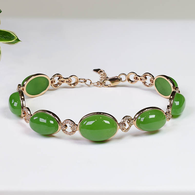 七夕礼物天然和田玉手链女a苹果绿碧玉蛋面镶嵌18k厚金手串送老婆