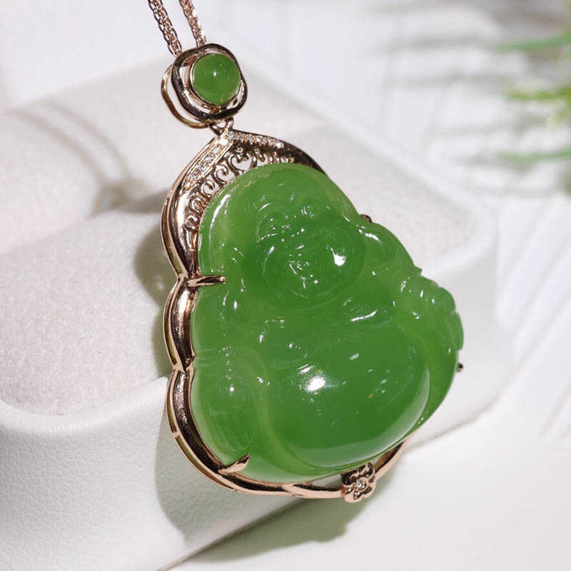 母亲节礼物正品菠菜绿碧玉佛镶嵌18k金吊坠 弥勒佛项坠伴钻石挂件