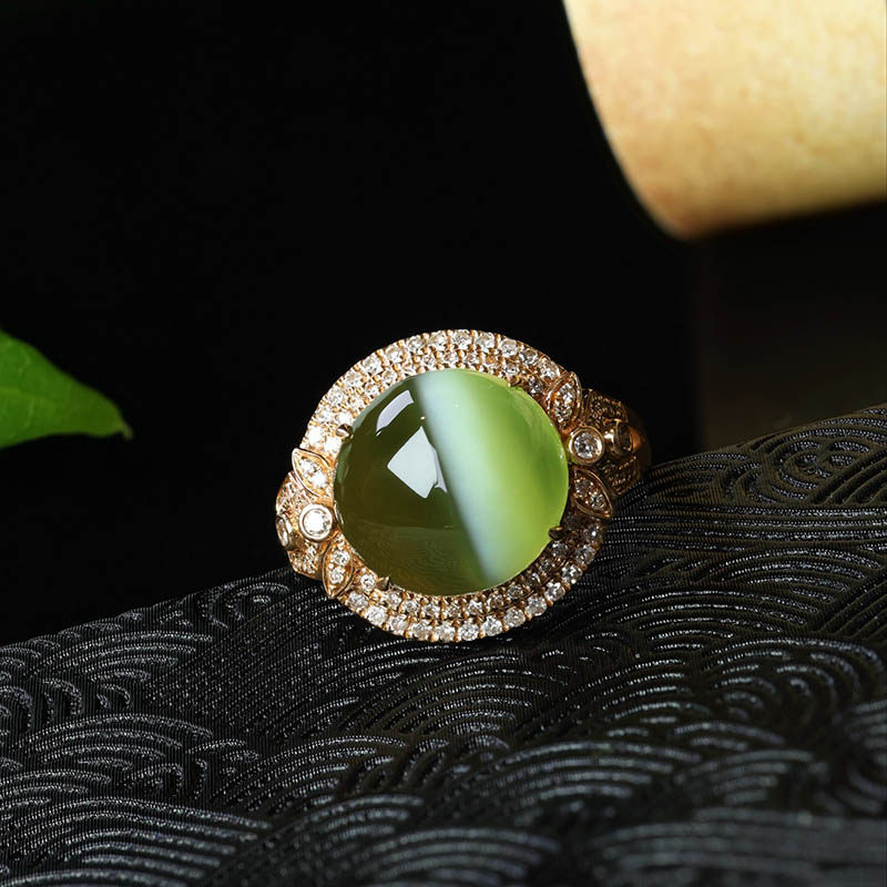 年货节礼天然和田玉戒指女豪华2圈满钻碧玉蛋面镶18k金指环送领导