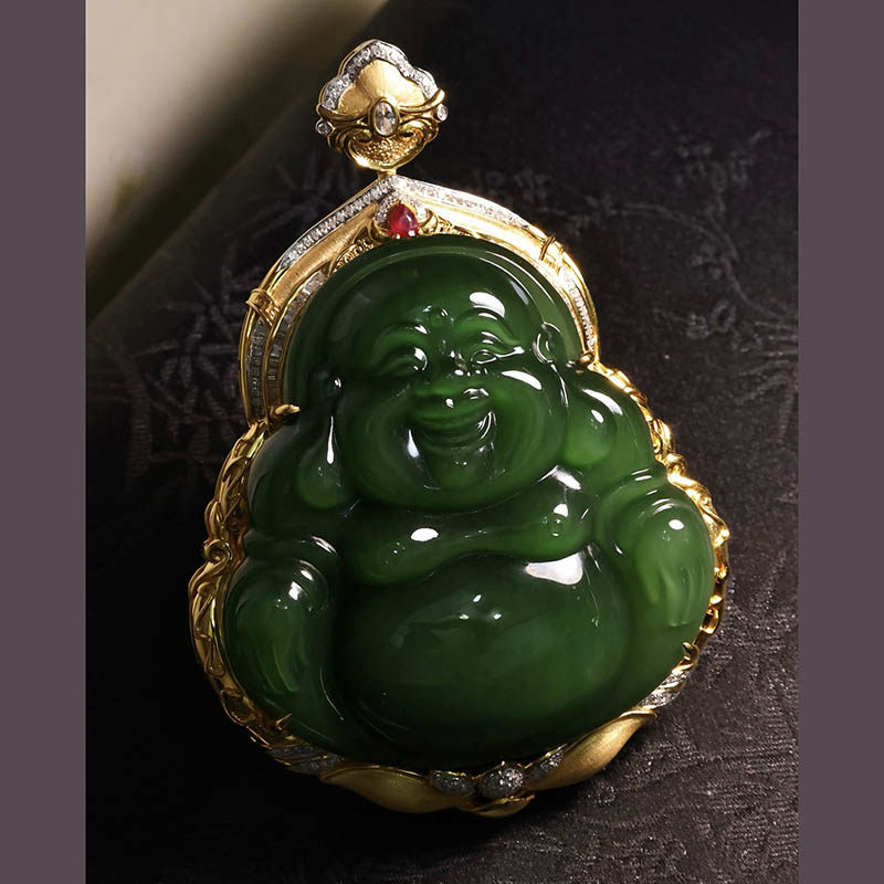 年货节和田玉大佛公吊坠女a货菠菜绿碧玉弥勒佛镶18k金挂件送领导