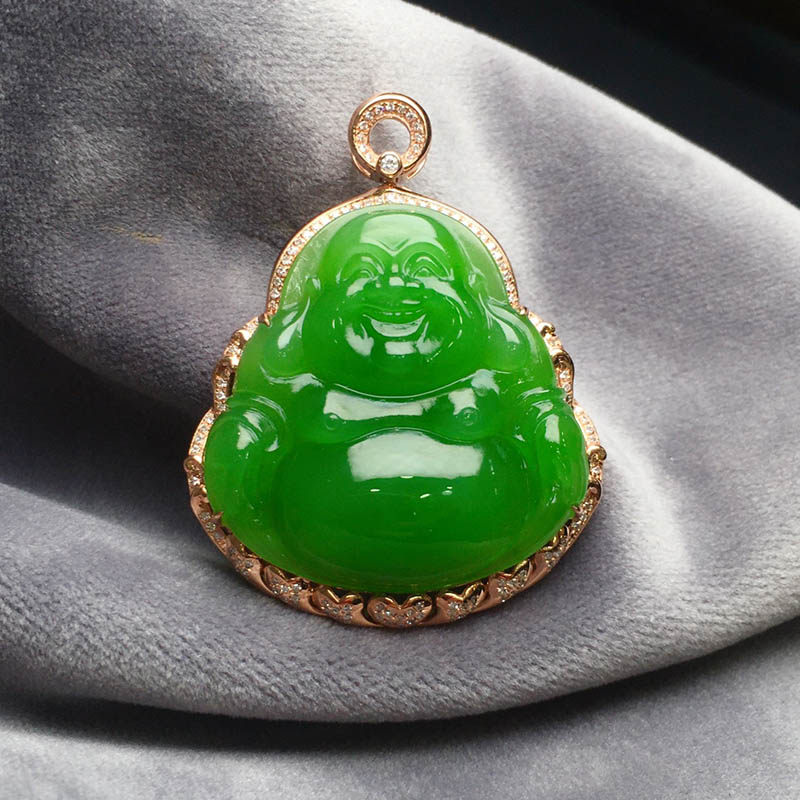 焕新季天然和田玉吊坠女a苹果绿碧玉弥勒佛镶18k金挂件封底送领导