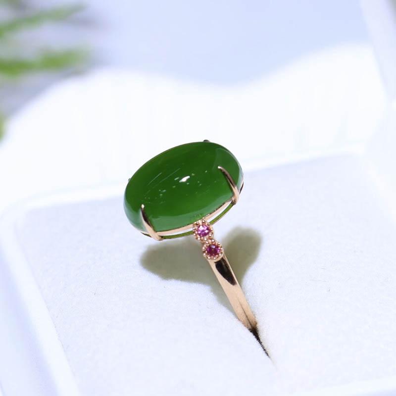 年货节时尚天然和田玉戒指女菠菜绿碧玉蛋面镶18k金指环a货送老婆