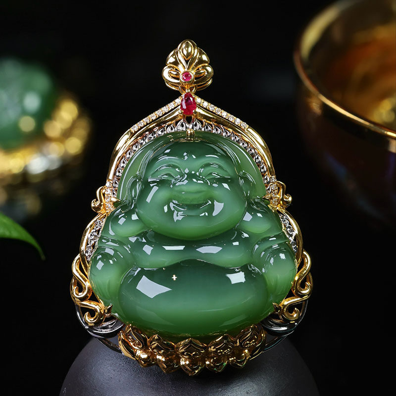 五一劳动节天然和田玉笑佛吊坠女a豪华猫眼碧玉弥勒佛镶18k金挂件