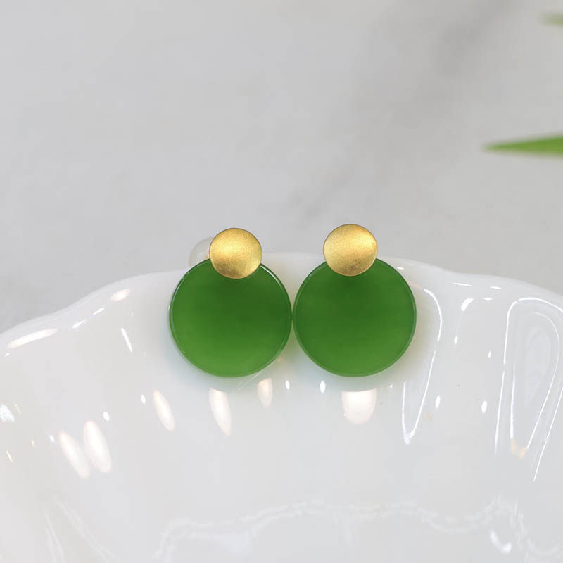 春季礼物天然和田玉耳环女菠菜绿碧玉圆牌镶嵌18k金耳钉送闺蜜