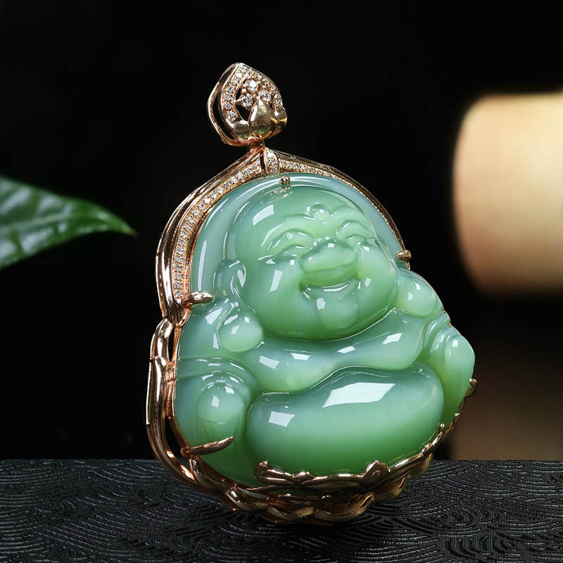 年货节天然和田玉笑佛吊坠女a满钻猫眼碧玉弥勒佛镶18k金挂件送妈