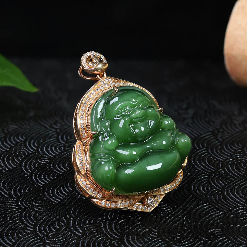 双十二圣诞天然和田玉弥勒佛吊坠女a猫眼碧玉笑佛镶18k金挂件送妈
