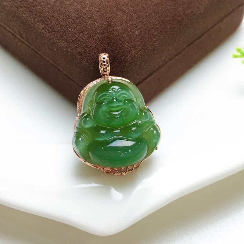 年货节礼物天然和田玉佛吊坠女a猫眼碧玉弥勒佛镶18k金挂件送妈妈
