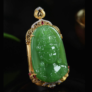 礼物天然和田玉度母吊坠女a老坑阳绿碧玉观音镶嵌18k金挂件 春夏季
