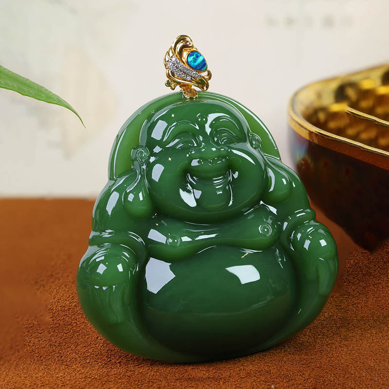 春夏季新疆和田玉弥勒佛吊坠女a菠菜绿碧玉笑佛镶18k金挂件送妈妈