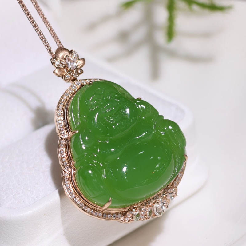 618特惠和田玉弥勒佛吊坠女豪华满钻苹果绿碧玉佛公镶嵌18k金挂件
