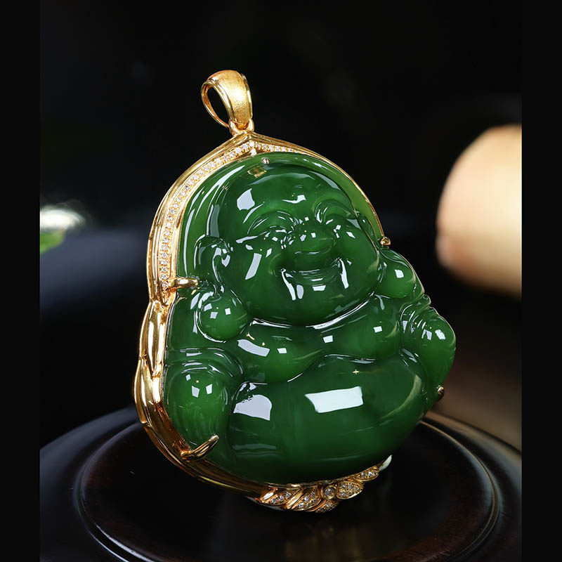 年货节天然和田玉大佛吊坠女a菠菜绿碧玉弥勒佛镶18k金挂件送领导
