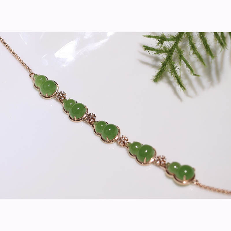 双十二圣诞天然和田玉手串女菠菜绿碧玉葫芦镶18k金手链a货送老婆
