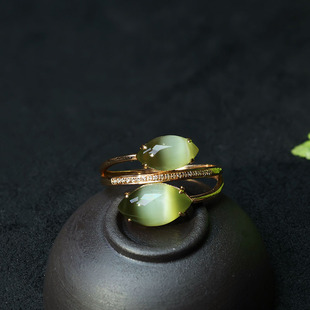 礼物天然和田玉戒指女a绿猫眼碧玉马眼镶嵌18k金指环送老婆 春夏季