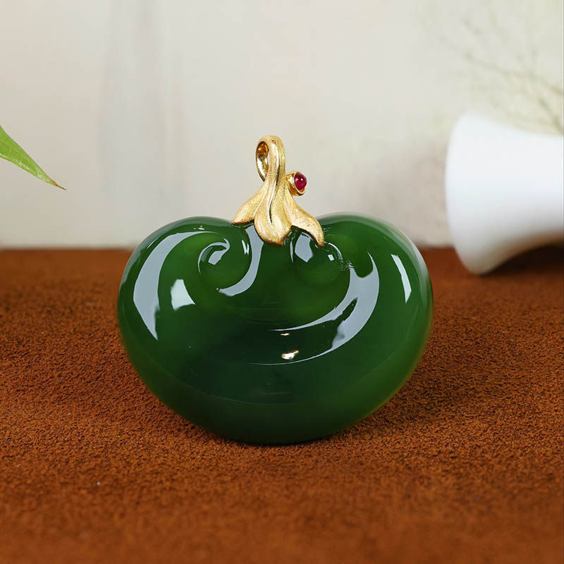 年货节礼物天然和田玉吊坠女菠菜绿碧玉如意镶18k金挂件a货送妈妈