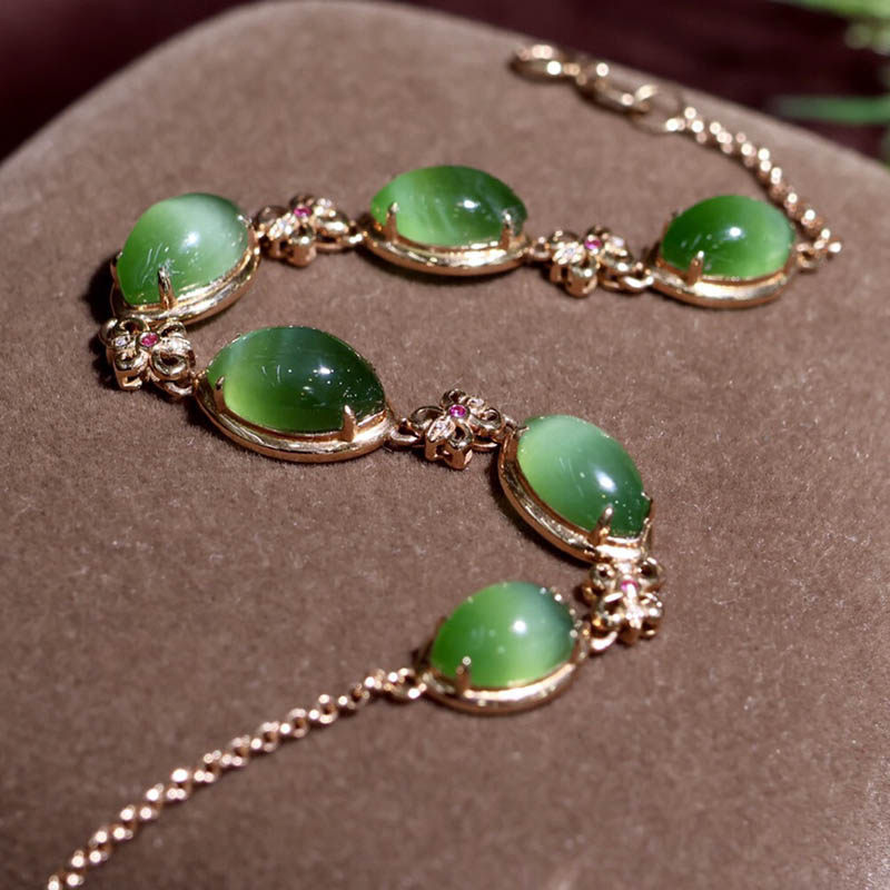 双十二圣诞天然和田玉手串女a绿猫眼碧玉马眼镶嵌18k金手链送老婆