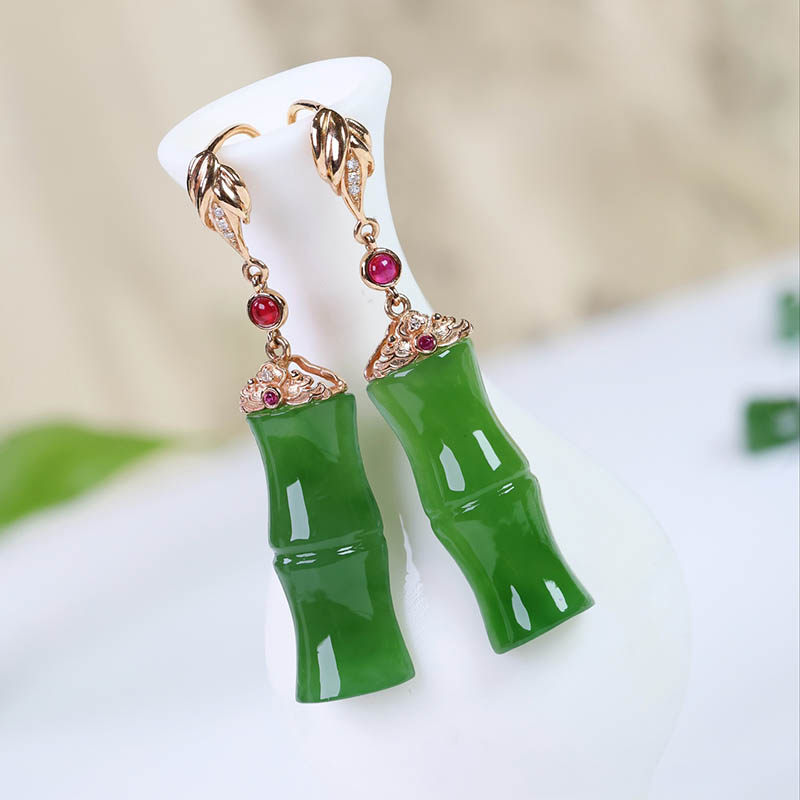 春夏季礼物天然和田玉耳坠女菠菜绿碧玉竹节镶18k金耳环a货送妈妈