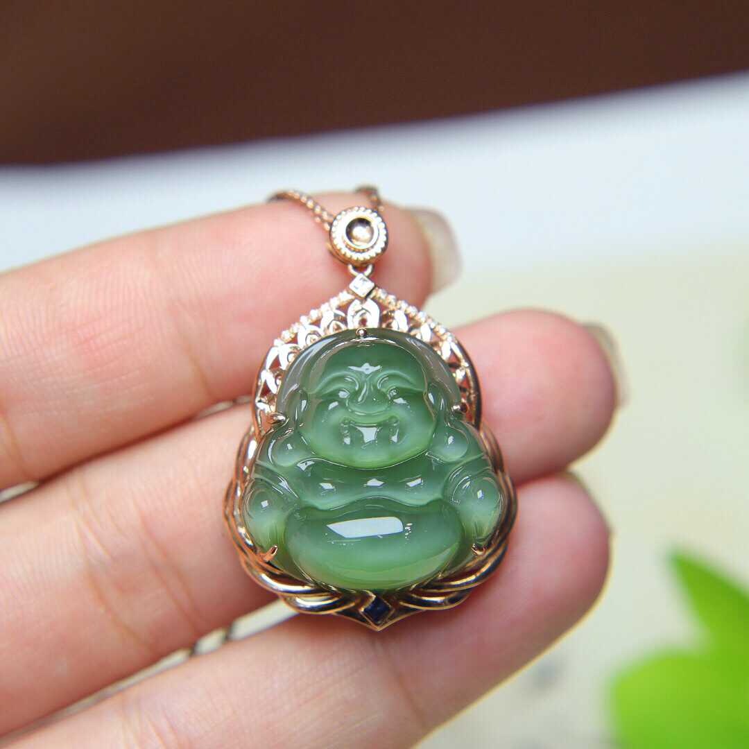 暑期和田玉弥勒佛吊坠女正宗猫眼碧玉笑佛镶嵌18k金挂件a货送妈妈