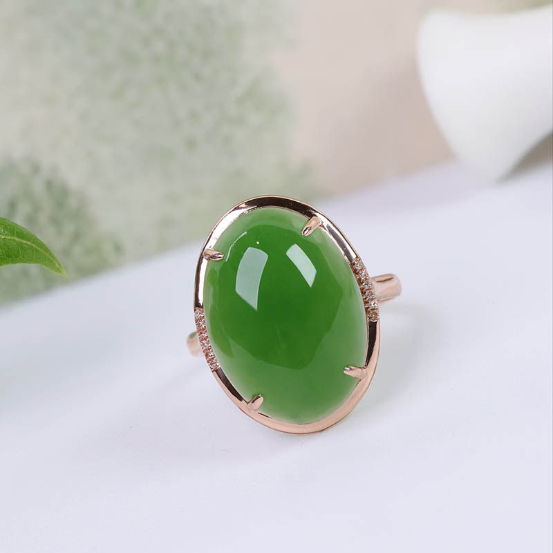 38焕新季和田玉戒指女a正宗菠菜绿碧玉蛋面镶18k金指环送妈妈礼物