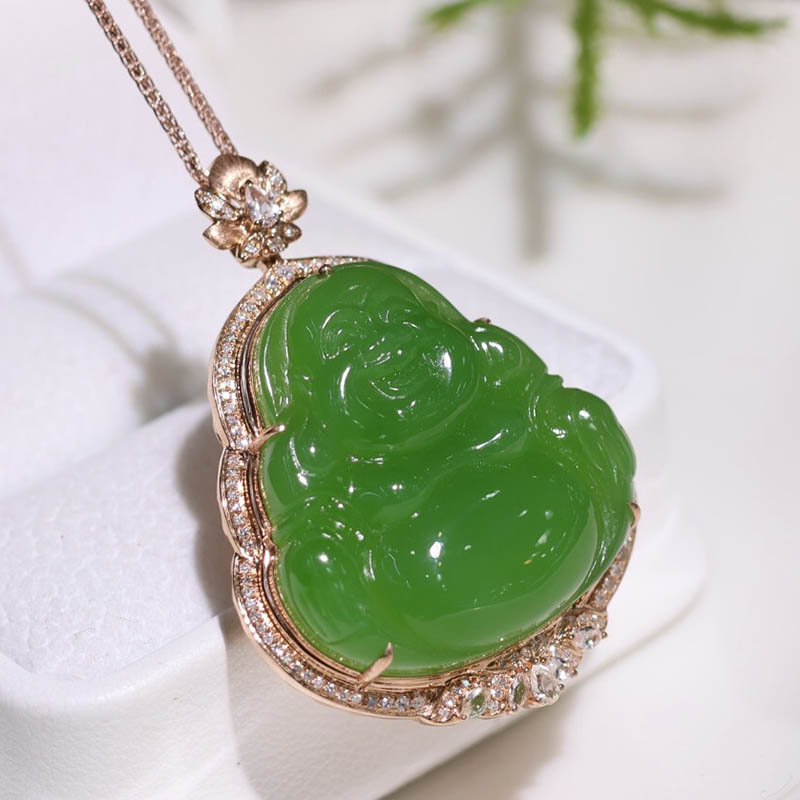 双十一和田玉弥勒佛吊坠女a满钻碧玉弥勒佛镶18k金挂件封底送妈妈