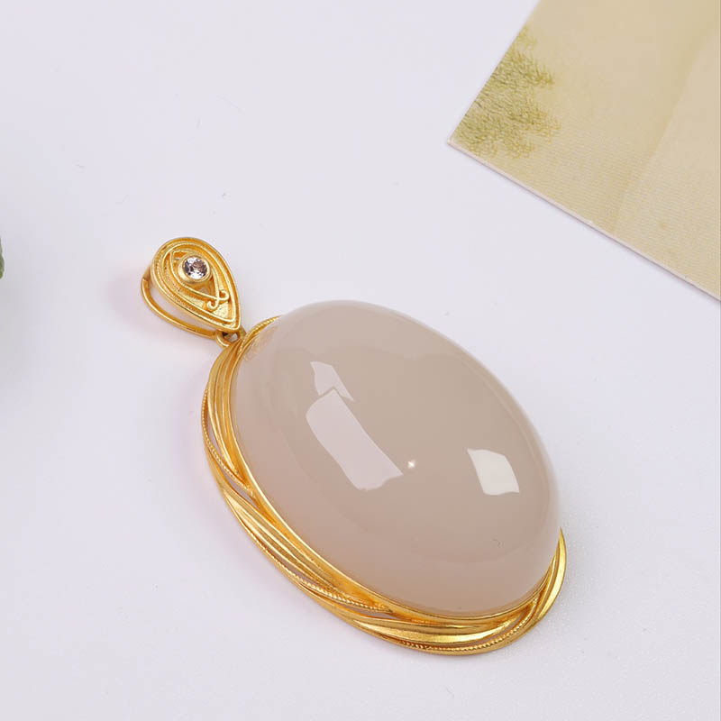 年货节天然和田玉吊坠女正宗藕粉白玉蛋面镶嵌18k金挂件a货送妈妈,珠宝/钻石/翡翠,颈饰,淘宝优惠券,粉丝福利购,淘宝优惠卷