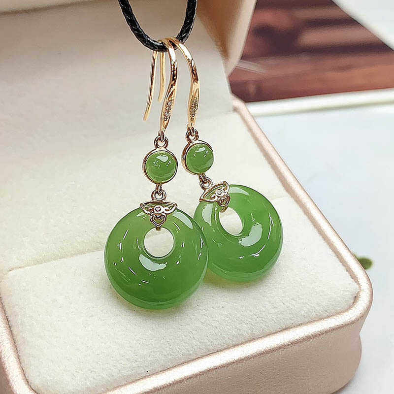 中秋礼物18k金镶和田玉碧玉平安扣耳环高高扣耳钩a高端大气送妈妈
