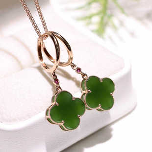 中秋天然和田碧玉四叶草耳坠尺寸通体纯18K金精致镶a玉石送妈妈礼