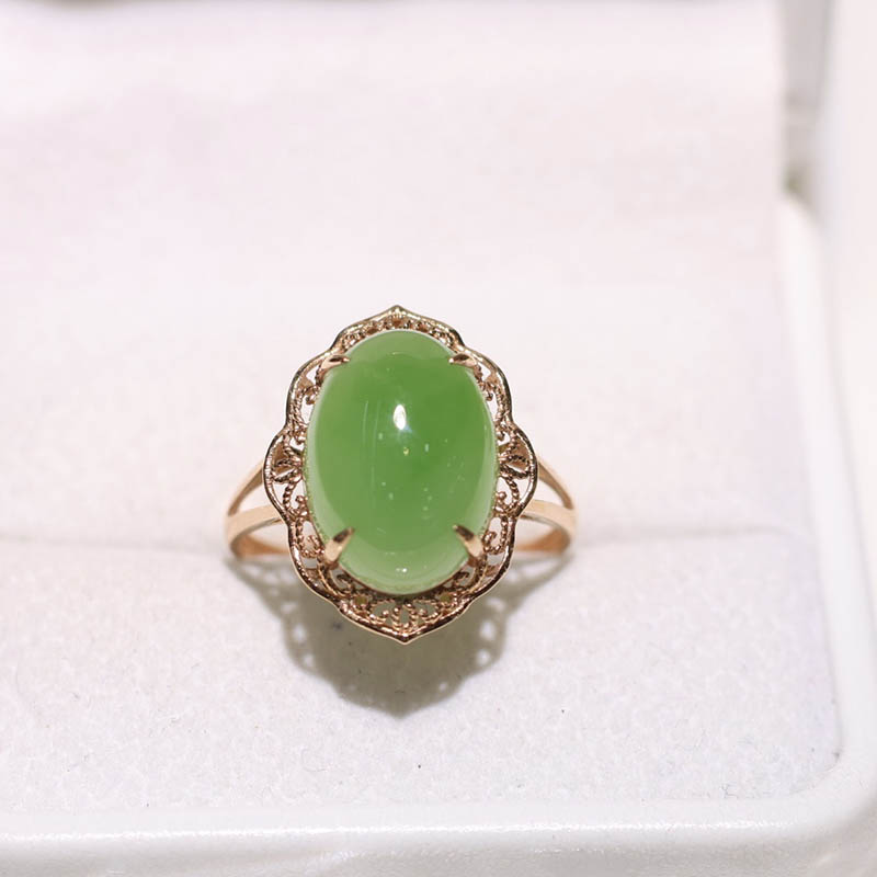 双十一特惠老料和田玉戒指女苹果绿碧玉蛋面镶嵌18k金指环送女友