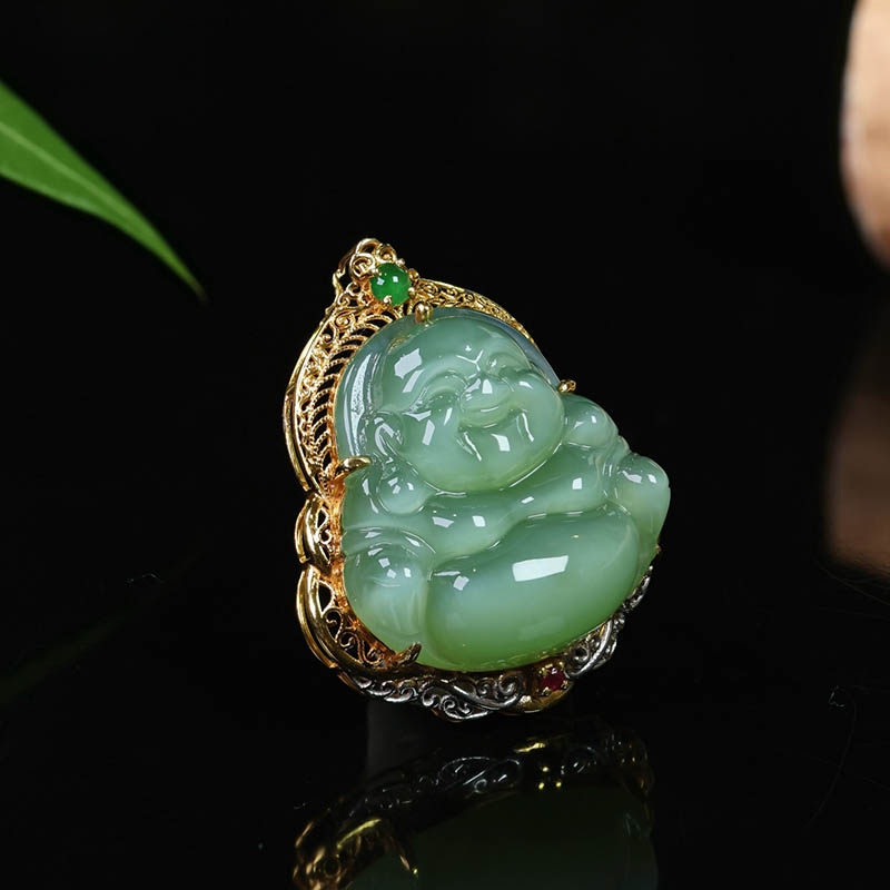 元旦礼物天然和田玉弥勒佛吊坠女a冰猫眼碧玉佛公镶18k金挂件送妈