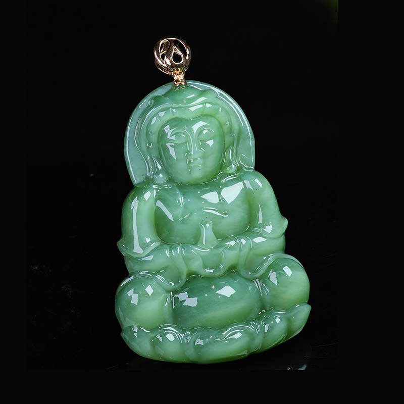 双十二圣诞节礼品天然和田玉观音吊坠a猫眼碧玉观音镶18k金挂件男