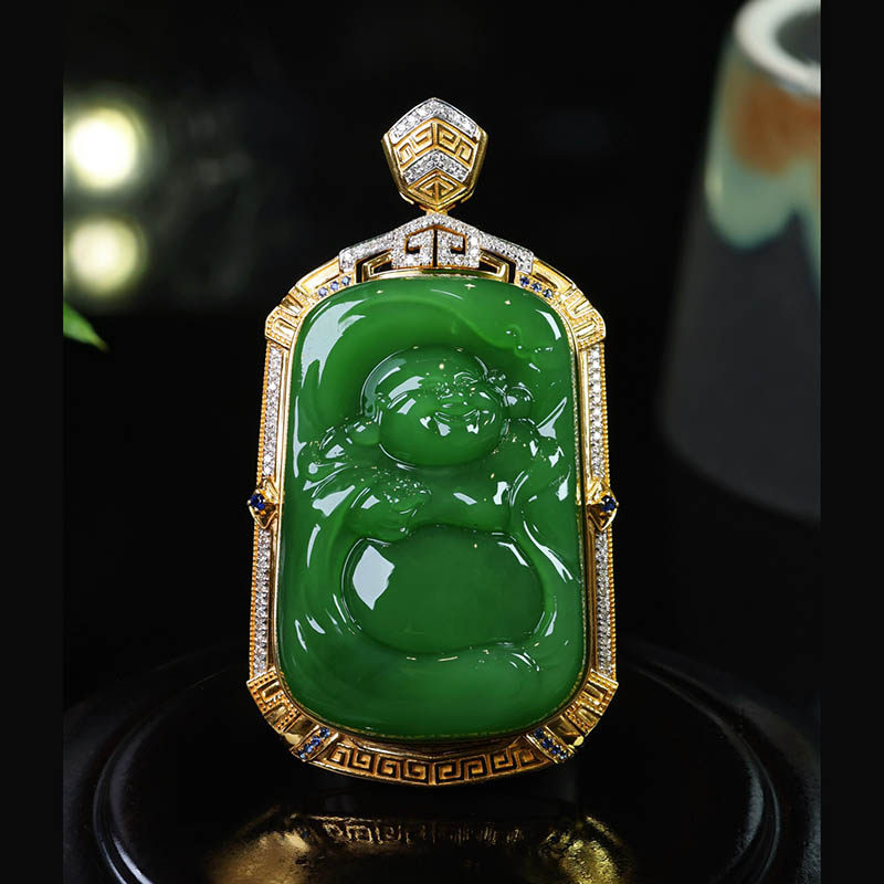 年货节和田玉弥勒佛挂件豪华菠菜绿碧玉笑佛镶18k挂件封底送妈妈